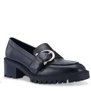 Marc Fisher Black Leather Loafers with Silver Accent